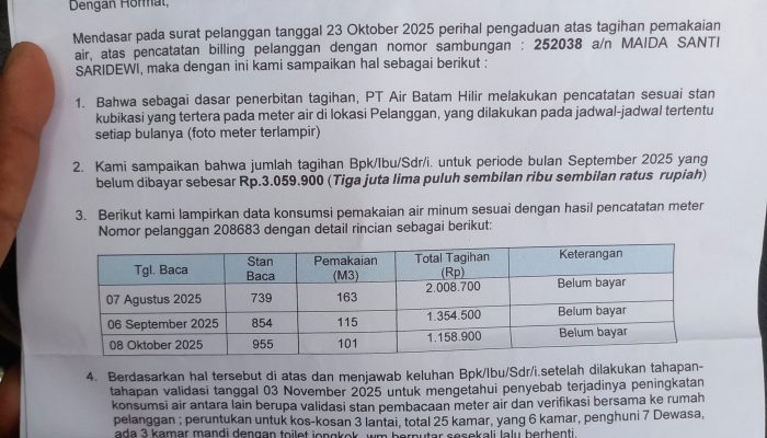 Warga Batam Dirugikan Tagihan Air Tak Wajar, Meteran Dicabut Sepihak Oleh ABH / Air Batam Hilir