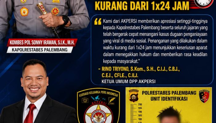 AKPERSI Beri Apresiasi Atas Kinerja Polrestabes Palembang, Terduga Pelaku Penganiayaan Viral Berhasil Ditahan Kurang dari 1×24 Jam